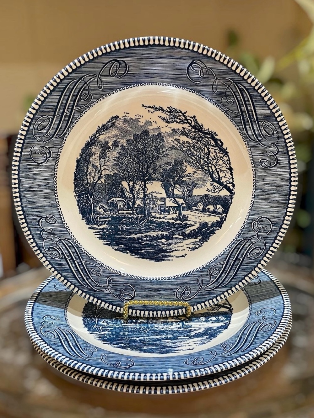 Currier & Ives Dinner Plates Set 3 Jeanette Vintage Royal The Old Grist Mill